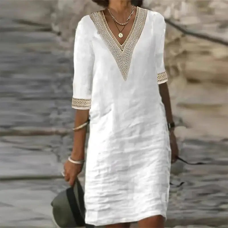 Vestido De Linho Gola V - Loja Luniva