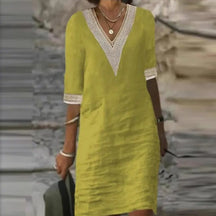 Vestido De Linho Gola V - Loja Luniva