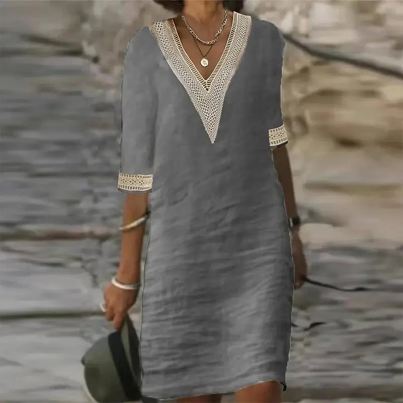 Vestido De Linho Gola V - Loja Luniva