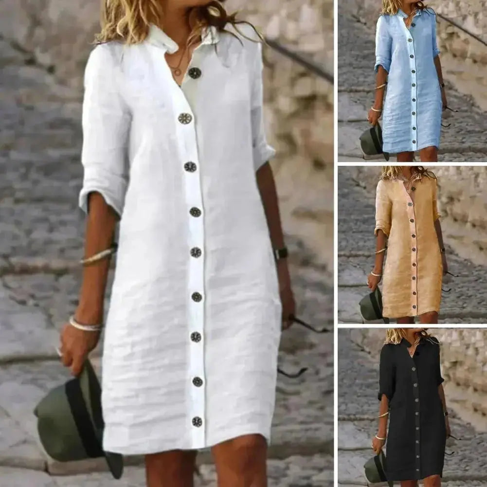 Vestido de Linho Gola V Catarina - Loja Luniva