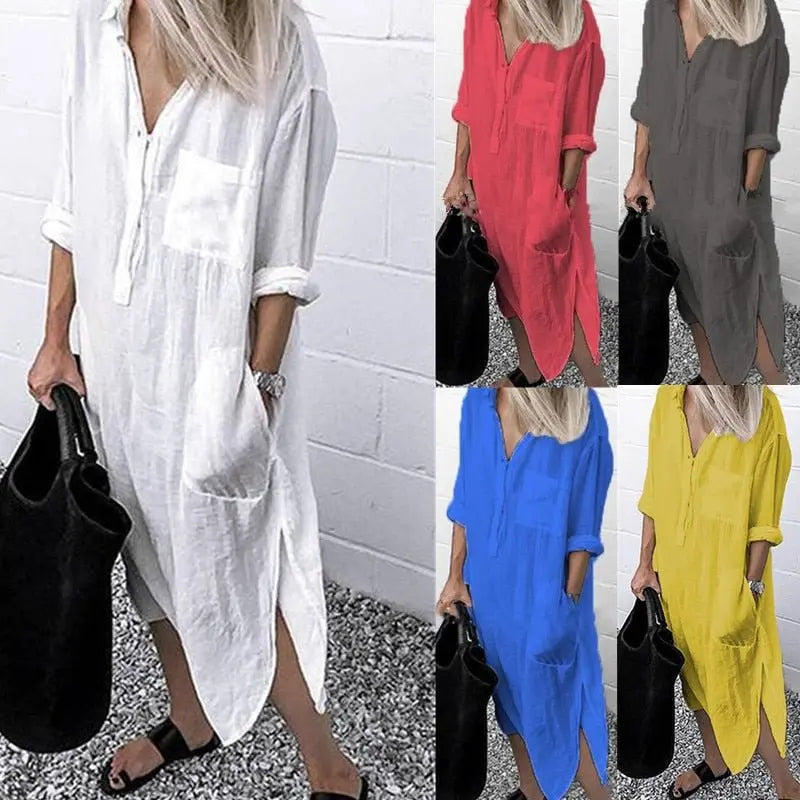 Vestido De Linho Manga Longa - Loja Luniva